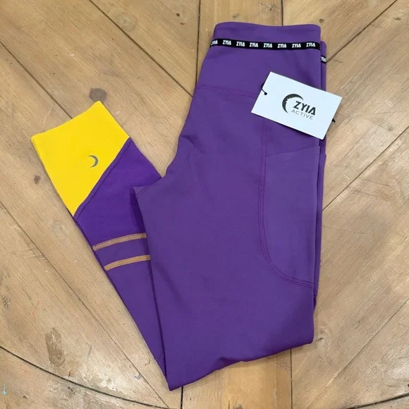 ZYIA Active Purple Game Day Performance 7/8 Leggings Yellow Cuffs size 4 NWT - Picture 10 of 10